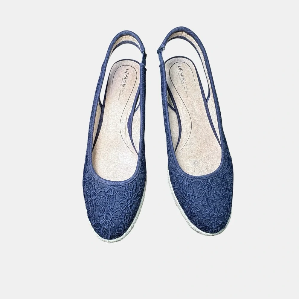LifeStride Navy Floral Lace Slingback Espadrille Wedge Shoes Women's 9.5 Comfort